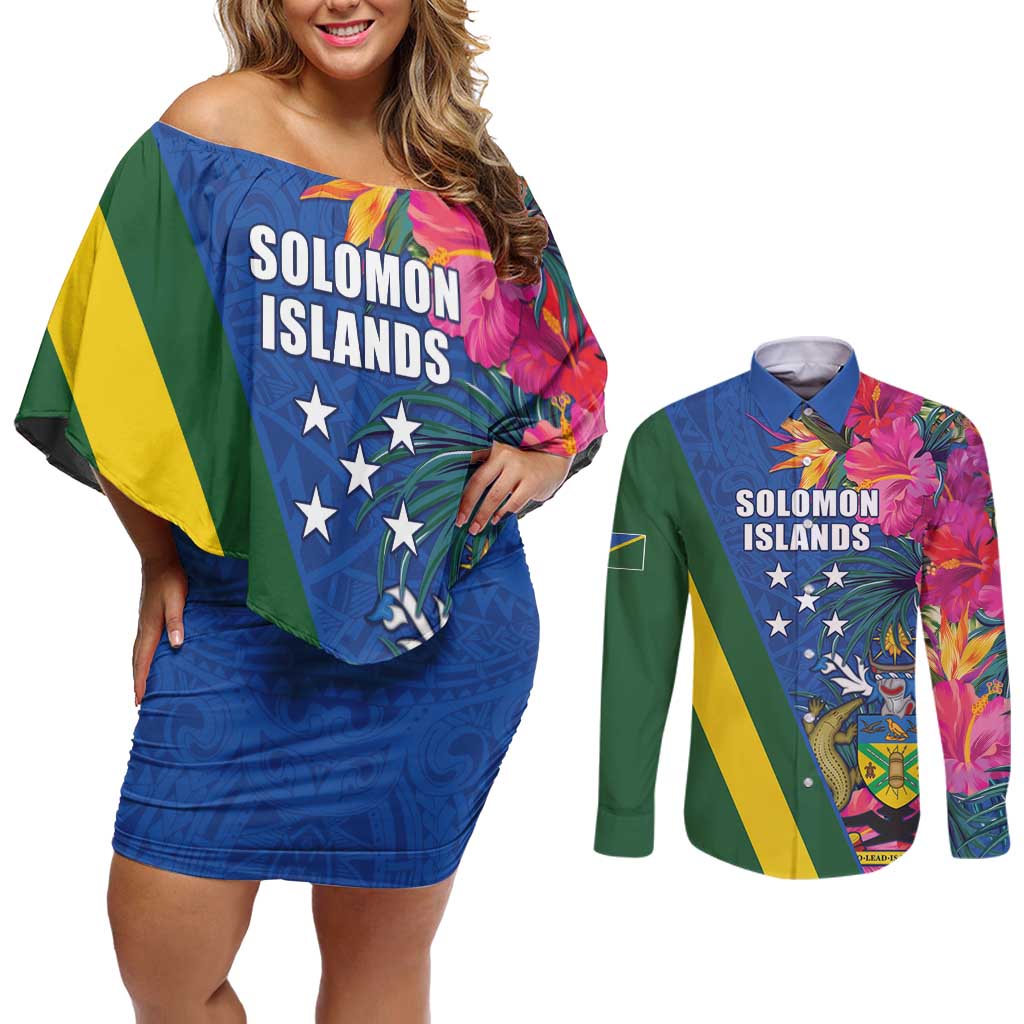 Solomon Islands Independence Day Couples Matching Off Shoulder Short Dress and Long Sleeve Button Shirt Coat Of Arms With Tropical Flowers LT05 Blue - Polynesian Pride