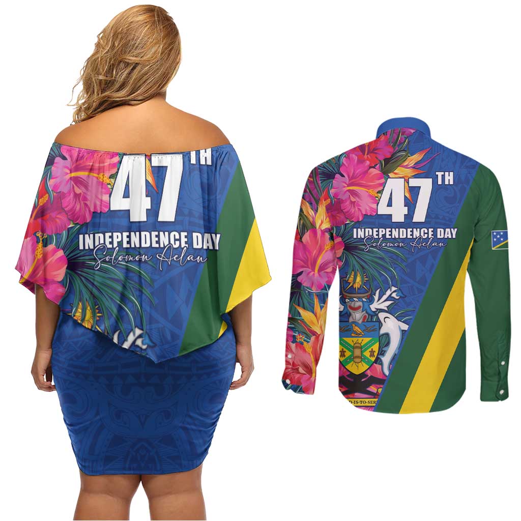 Solomon Islands Independence Day Couples Matching Off Shoulder Short Dress and Long Sleeve Button Shirt Coat Of Arms With Tropical Flowers LT05 - Polynesian Pride