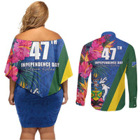 Solomon Islands Independence Day Couples Matching Off Shoulder Short Dress and Long Sleeve Button Shirt Coat Of Arms With Tropical Flowers LT05 - Polynesian Pride