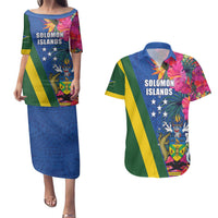 Solomon Islands Independence Day Couples Matching Puletasi and Hawaiian Shirt Coat Of Arms With Tropical Flowers LT05 Blue - Polynesian Pride