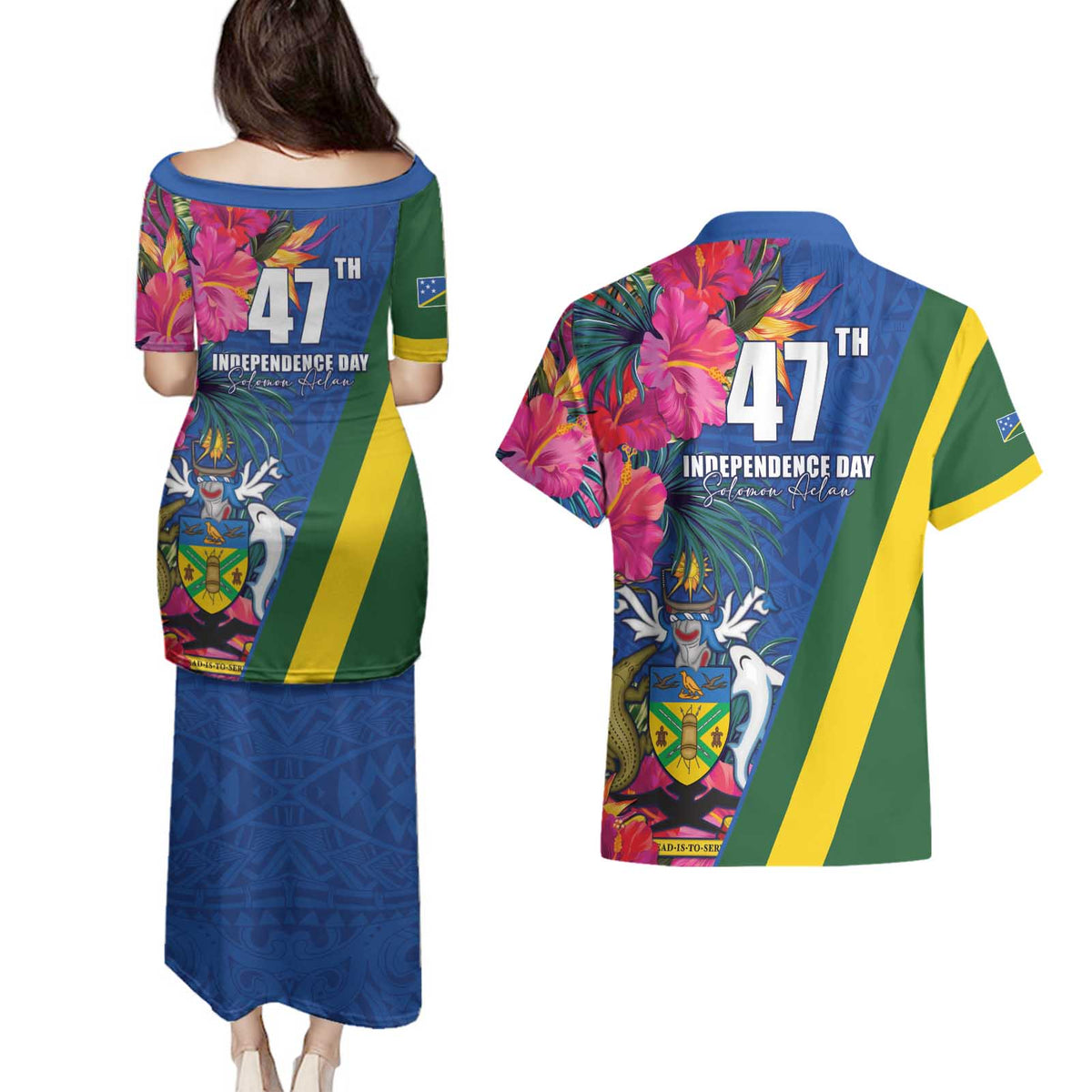 Solomon Islands Independence Day Couples Matching Puletasi and Hawaiian Shirt Coat Of Arms With Tropical Flowers LT05 - Polynesian Pride