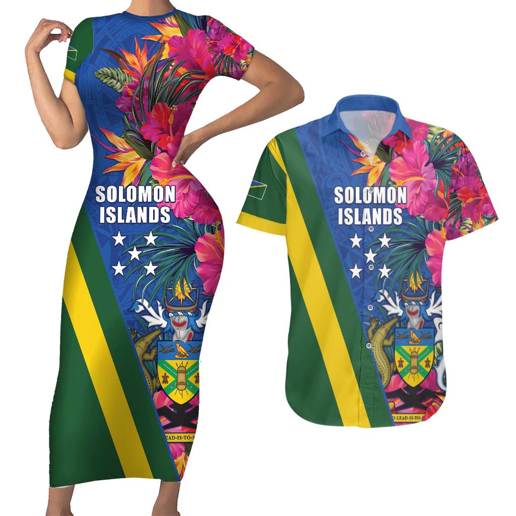 Solomon Islands Independence Day Couples Matching Short Sleeve Bodycon Dress and Hawaiian Shirt Coat Of Arms With Tropical Flowers LT05 Blue - Polynesian Pride