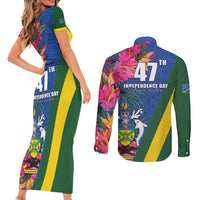 Solomon Islands Independence Day Couples Matching Short Sleeve Bodycon Dress and Long Sleeve Button Shirt Coat Of Arms With Tropical Flowers LT05 - Polynesian Pride