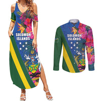 Solomon Islands Independence Day Couples Matching Summer Maxi Dress and Long Sleeve Button Shirt Coat Of Arms With Tropical Flowers LT05 Blue - Polynesian Pride