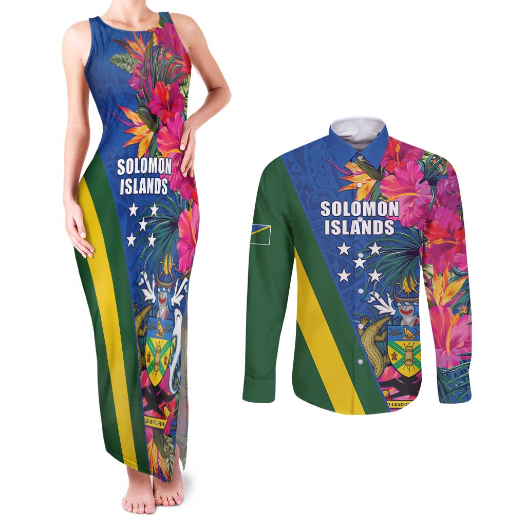 Solomon Islands Independence Day Couples Matching Tank Maxi Dress and Long Sleeve Button Shirt Coat Of Arms With Tropical Flowers LT05 Blue - Polynesian Pride