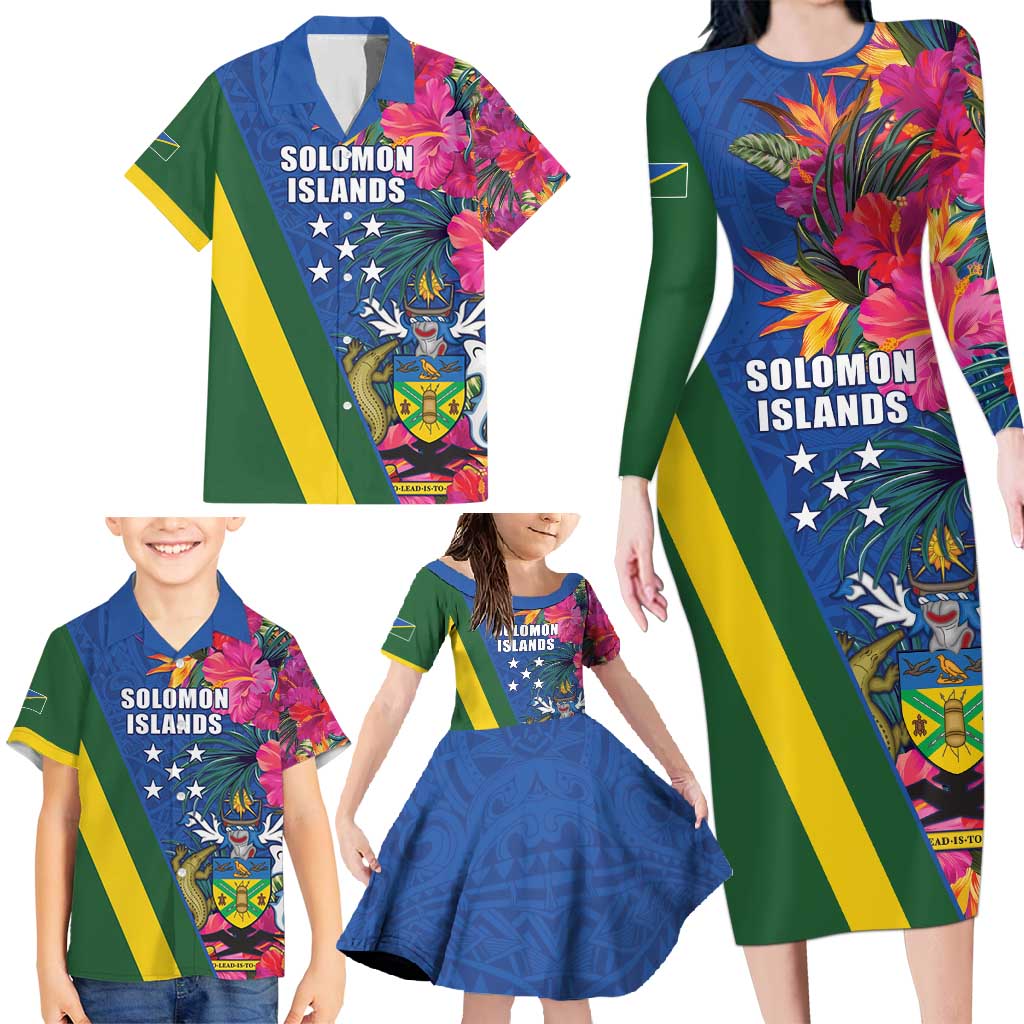 Solomon Islands Independence Day Family Matching Long Sleeve Bodycon Dress and Hawaiian Shirt Coat Of Arms With Tropical Flowers LT05 - Polynesian Pride
