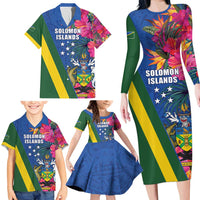 Solomon Islands Independence Day Family Matching Long Sleeve Bodycon Dress and Hawaiian Shirt Coat Of Arms With Tropical Flowers LT05 - Polynesian Pride