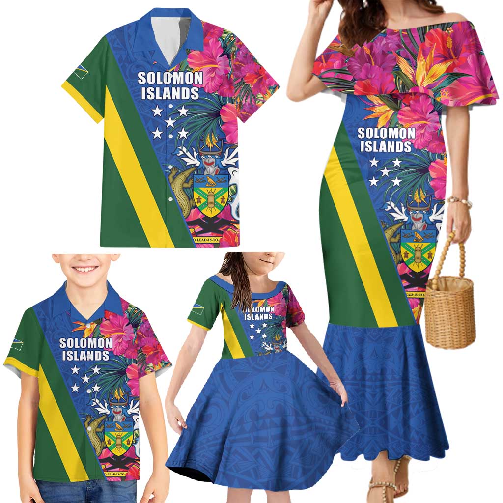 Solomon Islands Independence Day Family Matching Mermaid Dress and Hawaiian Shirt Coat Of Arms With Tropical Flowers LT05 - Polynesian Pride