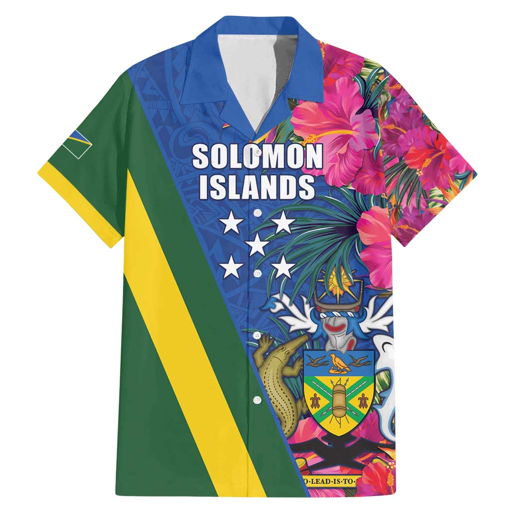 Solomon Islands Independence Day Family Matching Mermaid Dress and Hawaiian Shirt Coat Of Arms With Tropical Flowers LT05 Dad's Shirt - Short Sleeve Blue - Polynesian Pride