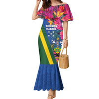 Solomon Islands Independence Day Family Matching Mermaid Dress and Hawaiian Shirt Coat Of Arms With Tropical Flowers LT05 Mom's Dress Blue - Polynesian Pride
