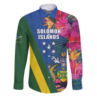 Solomon Islands Independence Day Family Matching Off The Shoulder Long Sleeve Dress and Hawaiian Shirt Coat Of Arms With Tropical Flowers LT05 Dad's Shirt - Long Sleeve Blue - Polynesian Pride