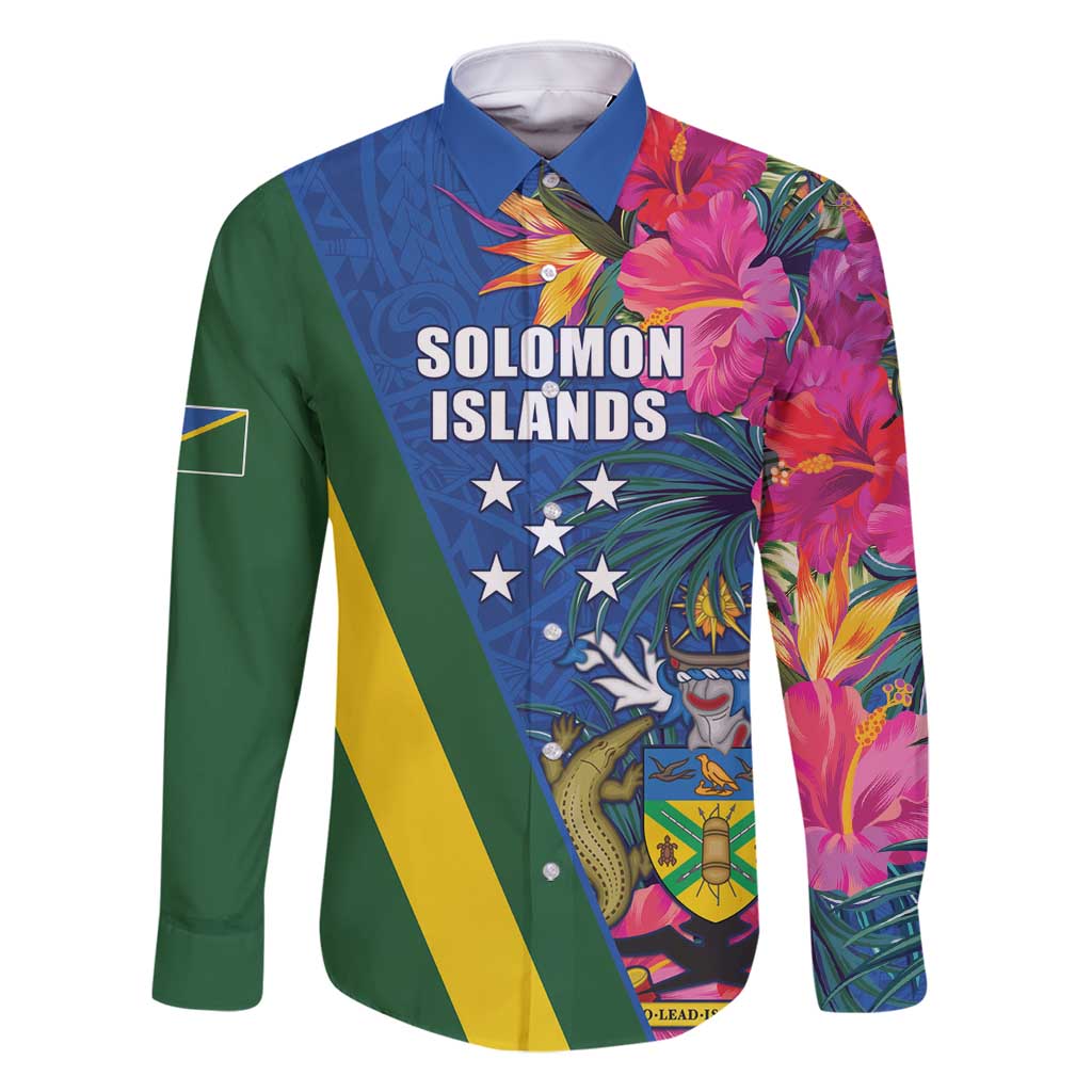 Solomon Islands Independence Day Family Matching Off Shoulder Maxi Dress and Hawaiian Shirt Coat Of Arms With Tropical Flowers LT05 Dad's Shirt - Long Sleeve Blue - Polynesian Pride