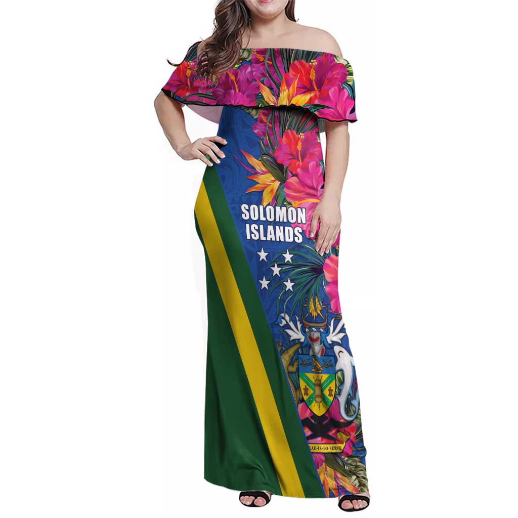 Solomon Islands Independence Day Family Matching Off Shoulder Maxi Dress and Hawaiian Shirt Coat Of Arms With Tropical Flowers LT05 Mom's Dress Blue - Polynesian Pride