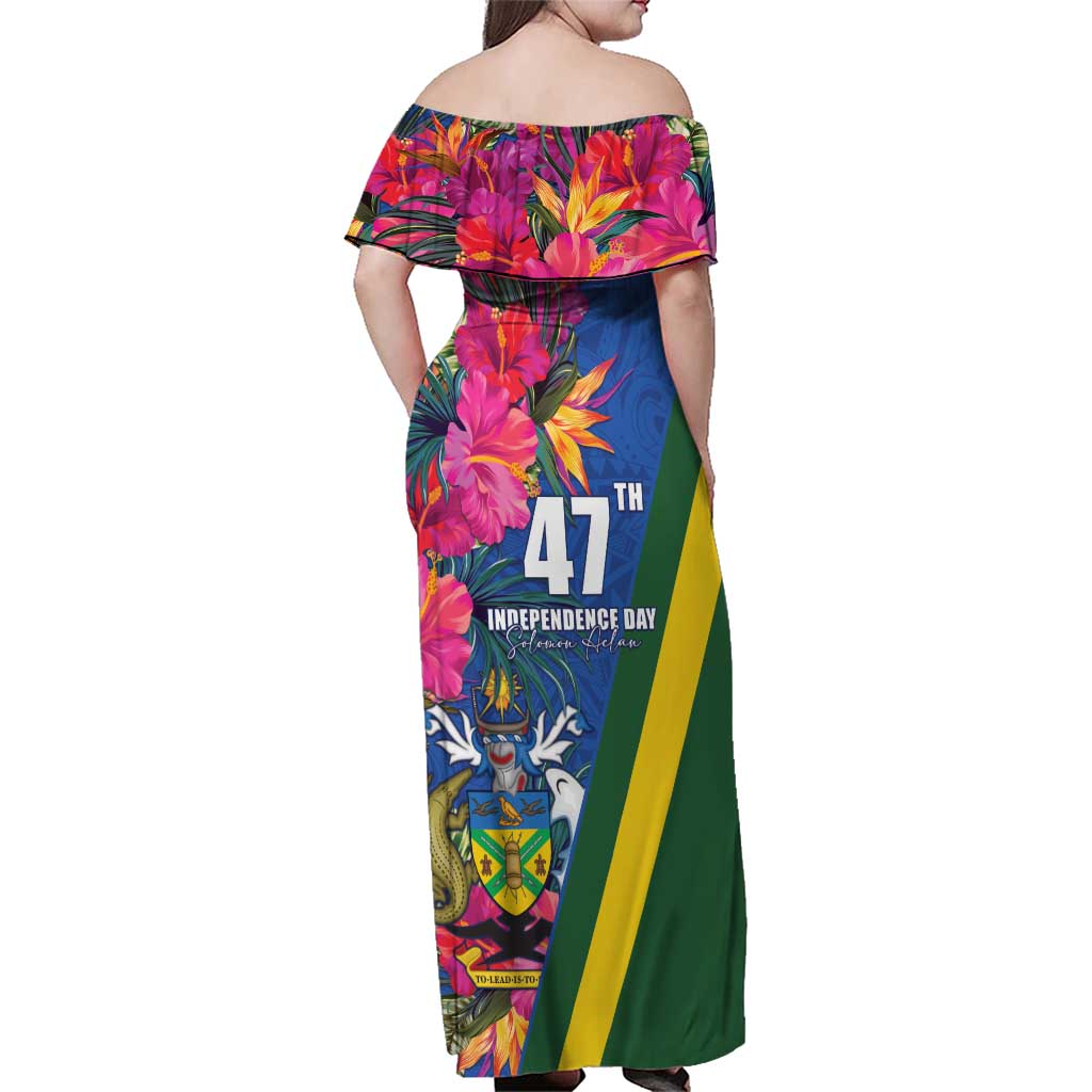 Solomon Islands Independence Day Family Matching Off Shoulder Maxi Dress and Hawaiian Shirt Coat Of Arms With Tropical Flowers LT05 - Polynesian Pride