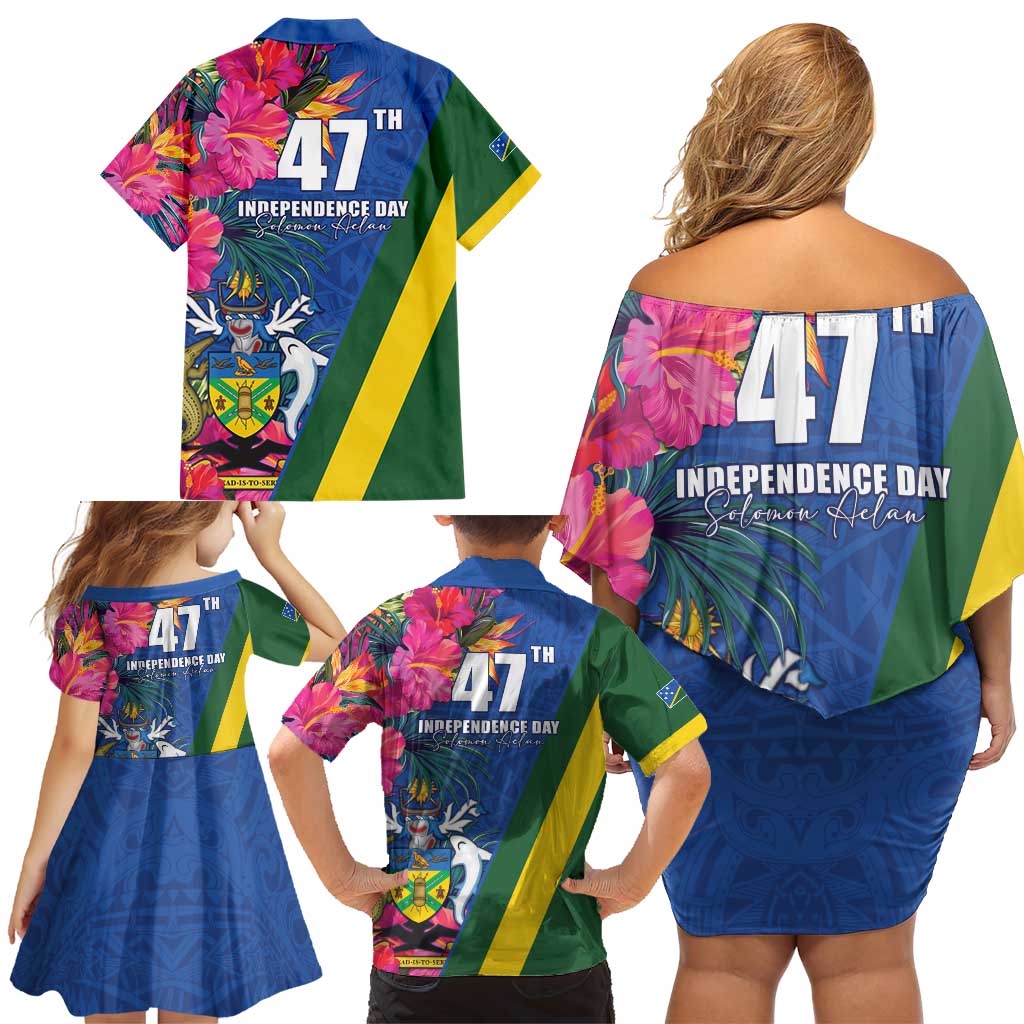 Solomon Islands Independence Day Family Matching Off Shoulder Short Dress and Hawaiian Shirt Coat Of Arms With Tropical Flowers LT05 - Polynesian Pride