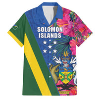 Solomon Islands Independence Day Family Matching Puletasi and Hawaiian Shirt Coat Of Arms With Tropical Flowers LT05 Dad's Shirt - Short Sleeve Blue - Polynesian Pride