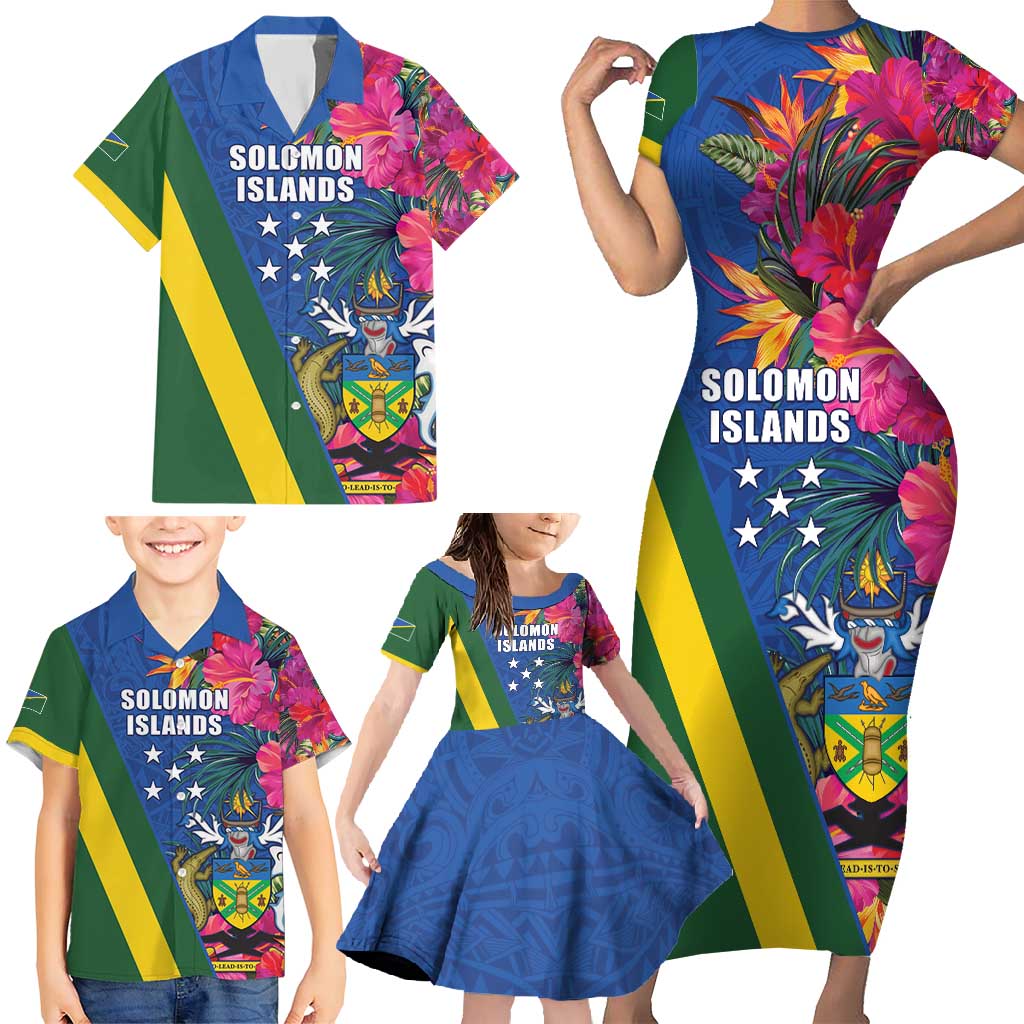 Solomon Islands Independence Day Family Matching Short Sleeve Bodycon Dress and Hawaiian Shirt Coat Of Arms With Tropical Flowers LT05 - Polynesian Pride