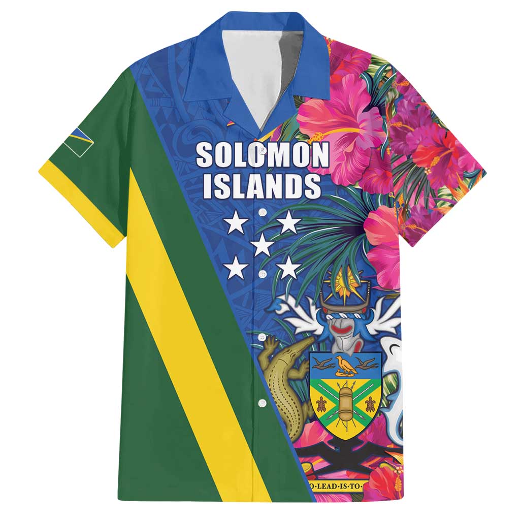 Solomon Islands Independence Day Family Matching Short Sleeve Bodycon Dress and Hawaiian Shirt Coat Of Arms With Tropical Flowers LT05 Dad's Shirt - Short Sleeve Blue - Polynesian Pride