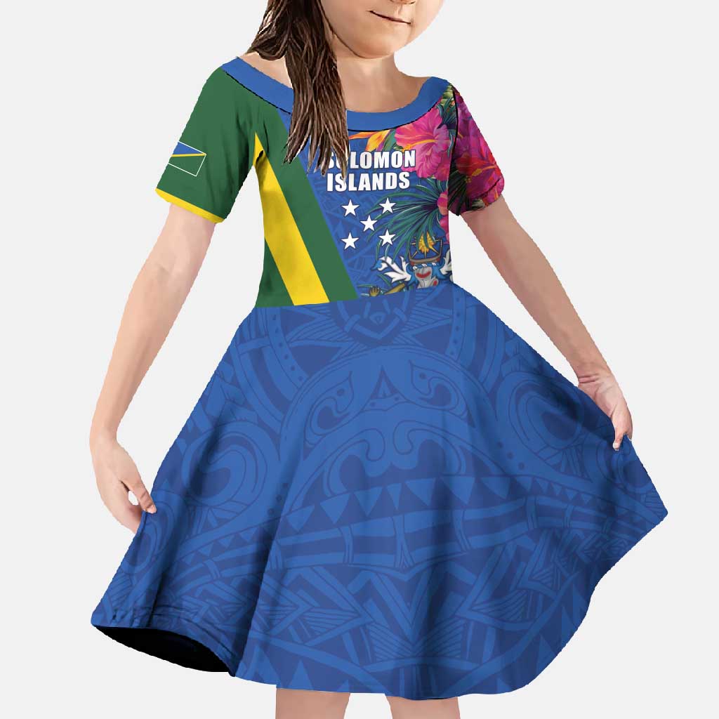 Solomon Islands Independence Day Family Matching Summer Maxi Dress and Hawaiian Shirt Coat Of Arms With Tropical Flowers LT05 Daughter's Dress Blue - Polynesian Pride