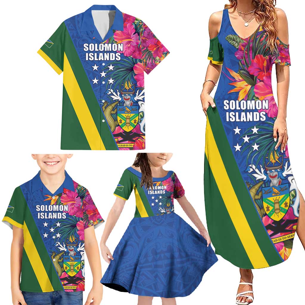 Solomon Islands Independence Day Family Matching Summer Maxi Dress and Hawaiian Shirt Coat Of Arms With Tropical Flowers LT05 - Polynesian Pride