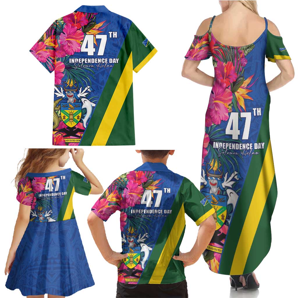 Solomon Islands Independence Day Family Matching Summer Maxi Dress and Hawaiian Shirt Coat Of Arms With Tropical Flowers LT05 - Polynesian Pride