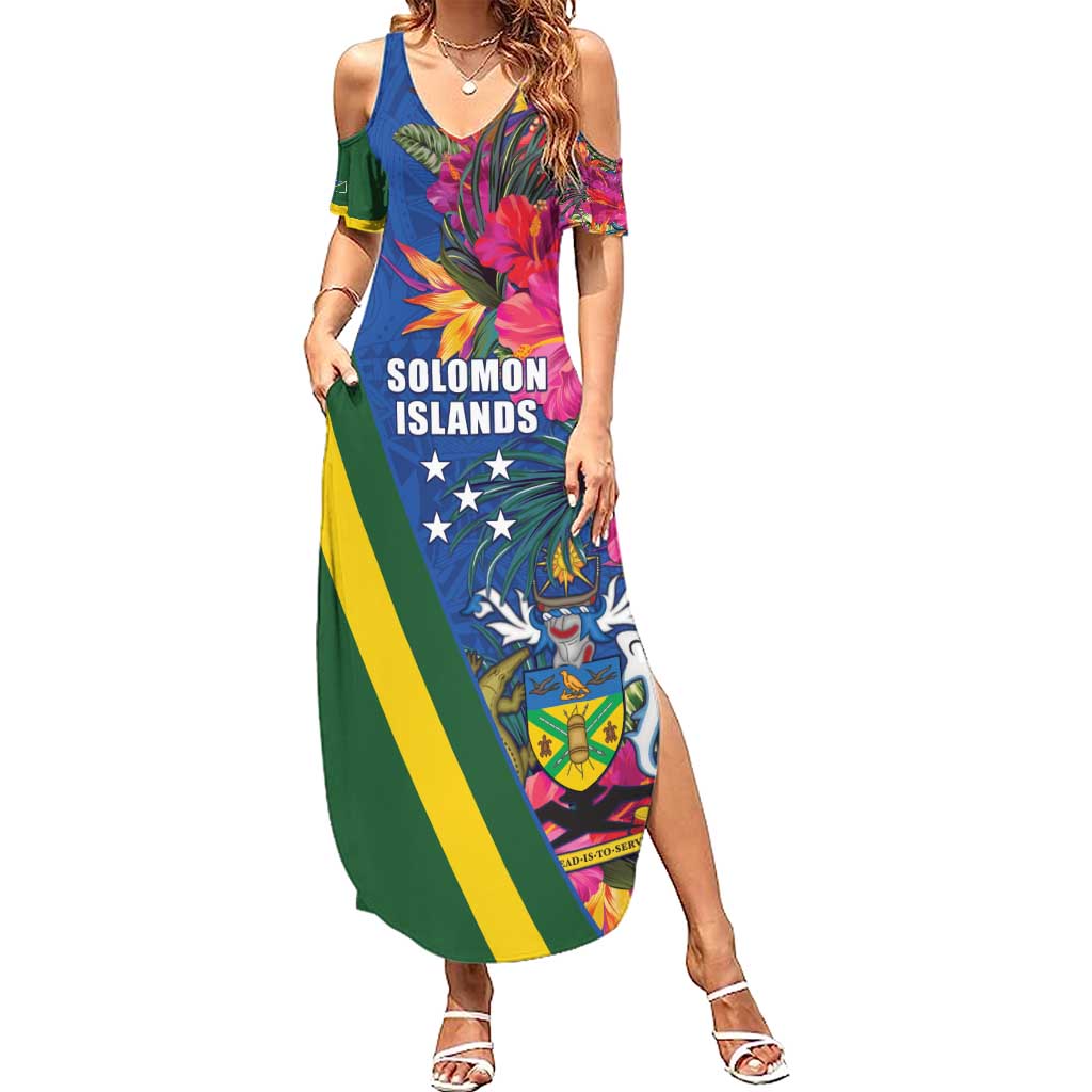 Solomon Islands Independence Day Family Matching Summer Maxi Dress and Hawaiian Shirt Coat Of Arms With Tropical Flowers LT05 Mom's Dress Blue - Polynesian Pride
