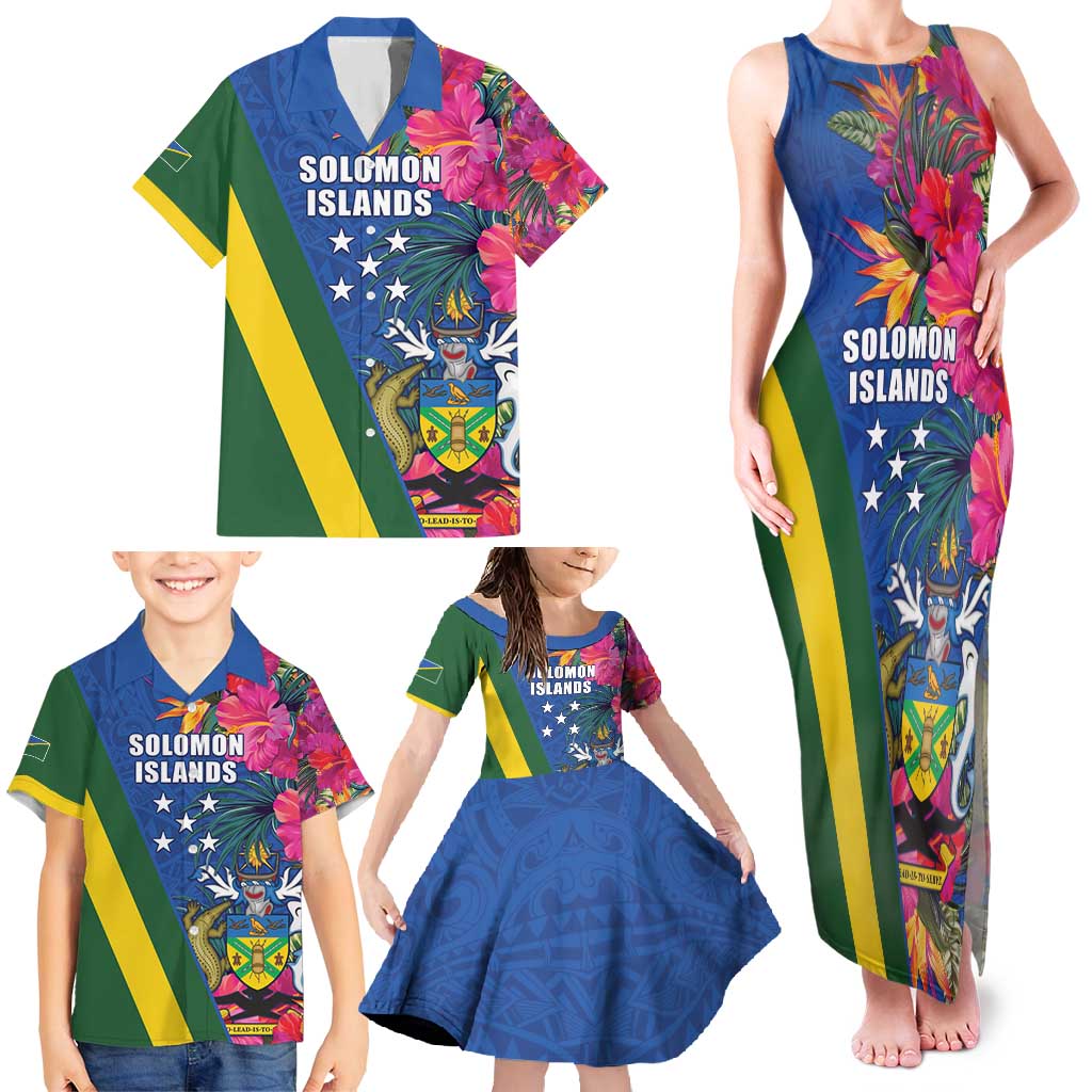 Solomon Islands Independence Day Family Matching Tank Maxi Dress and Hawaiian Shirt Coat Of Arms With Tropical Flowers LT05 - Polynesian Pride