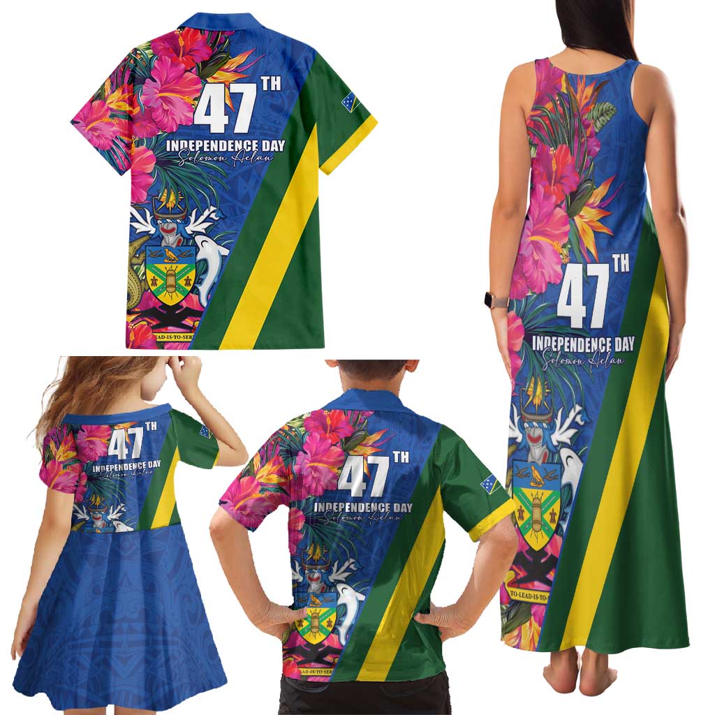 Solomon Islands Independence Day Family Matching Tank Maxi Dress and Hawaiian Shirt Coat Of Arms With Tropical Flowers LT05 - Polynesian Pride