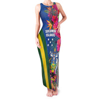 Solomon Islands Independence Day Family Matching Tank Maxi Dress and Hawaiian Shirt Coat Of Arms With Tropical Flowers LT05 Mom's Dress Blue - Polynesian Pride