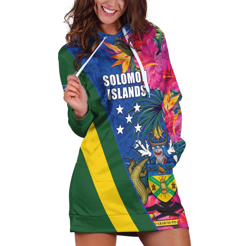 Solomon Islands Independence Day Hoodie Dress Coat Of Arms With Tropical Flowers LT05 Blue - Polynesian Pride