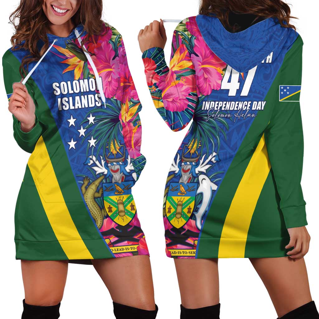 Solomon Islands Independence Day Hoodie Dress Coat Of Arms With Tropical Flowers LT05 - Polynesian Pride
