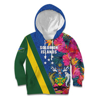 Solomon Islands Independence Day Kid Hoodie Coat Of Arms With Tropical Flowers LT05 Hoodie Blue - Polynesian Pride