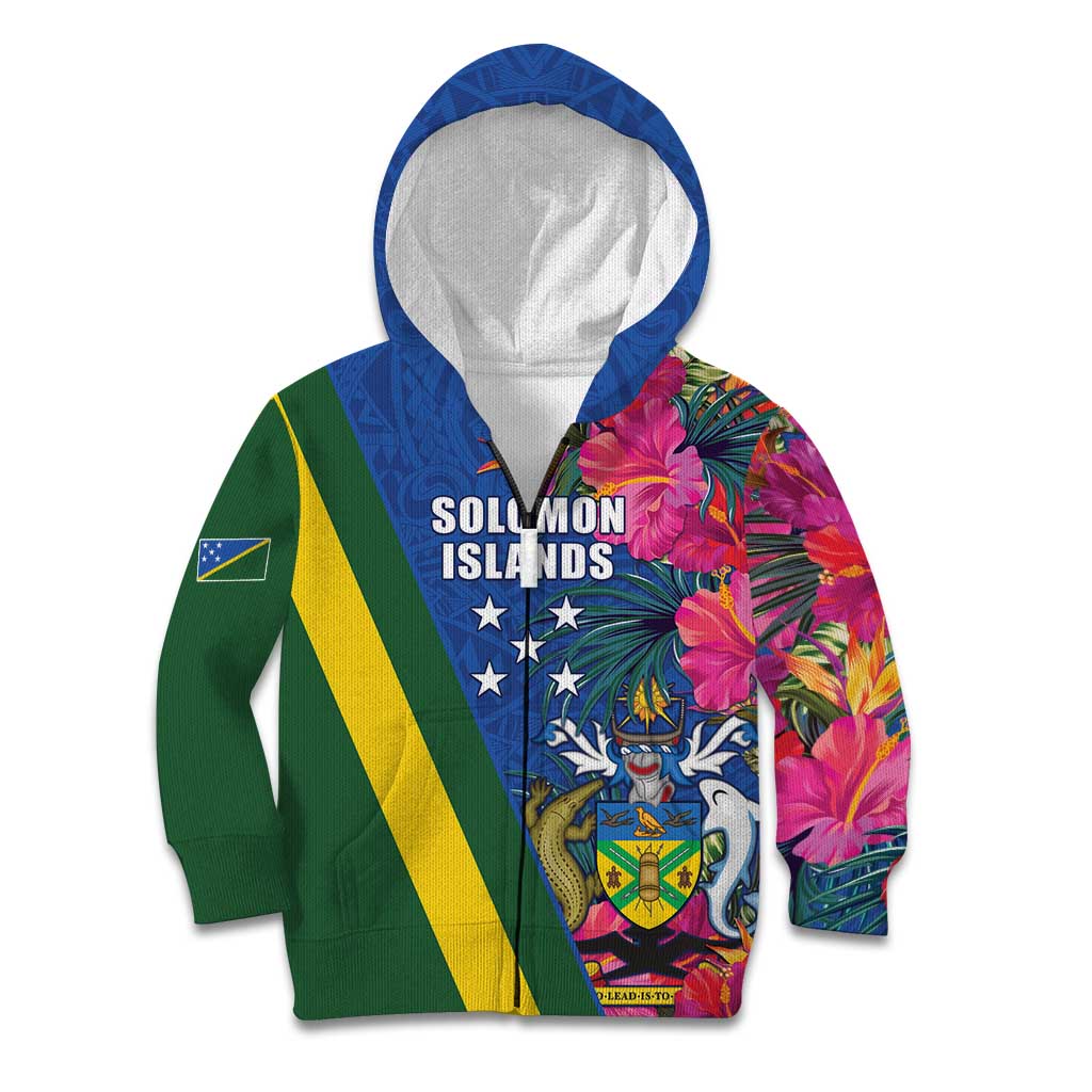 Solomon Islands Independence Day Kid Hoodie Coat Of Arms With Tropical Flowers LT05 Zip Hoodie Blue - Polynesian Pride