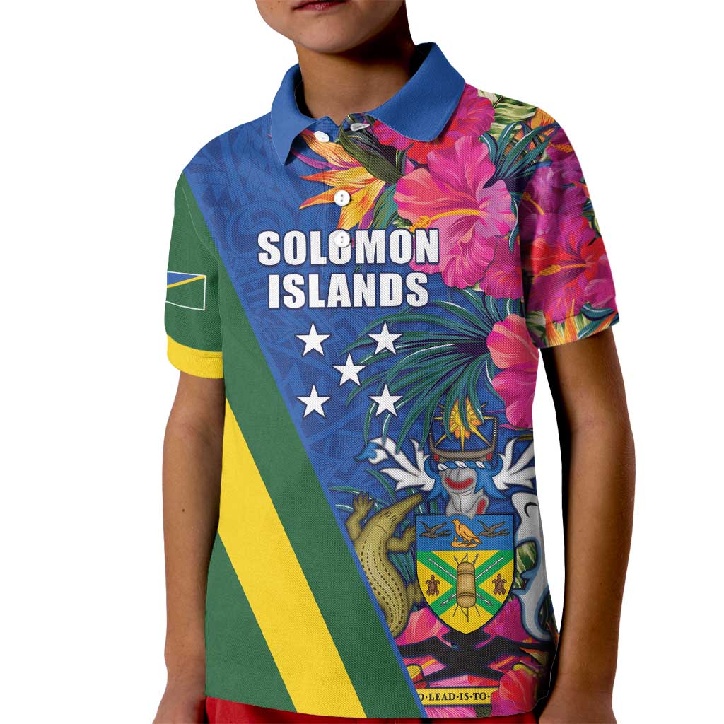 Solomon Islands Independence Day Kid Polo Shirt Coat Of Arms With Tropical Flowers LT05 Kid Blue - Polynesian Pride