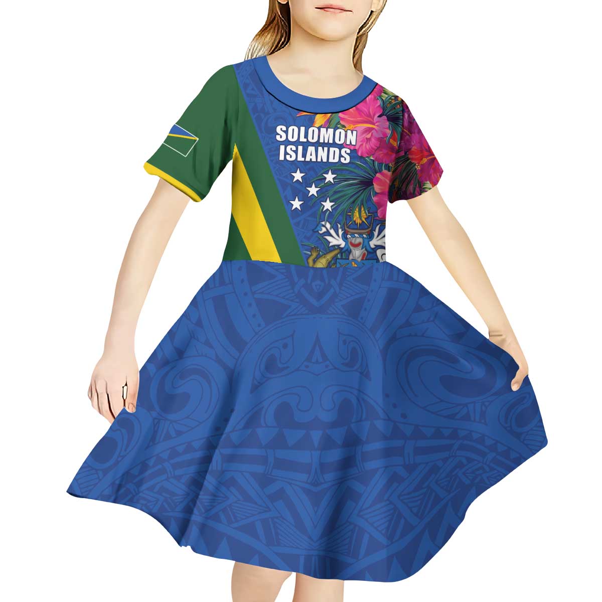 Solomon Islands Independence Day Kid Short Sleeve Dress Coat Of Arms With Tropical Flowers LT05 - Polynesian Pride