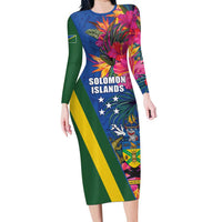 Solomon Islands Independence Day Long Sleeve Bodycon Dress Coat Of Arms With Tropical Flowers LT05 Long Dress Blue - Polynesian Pride