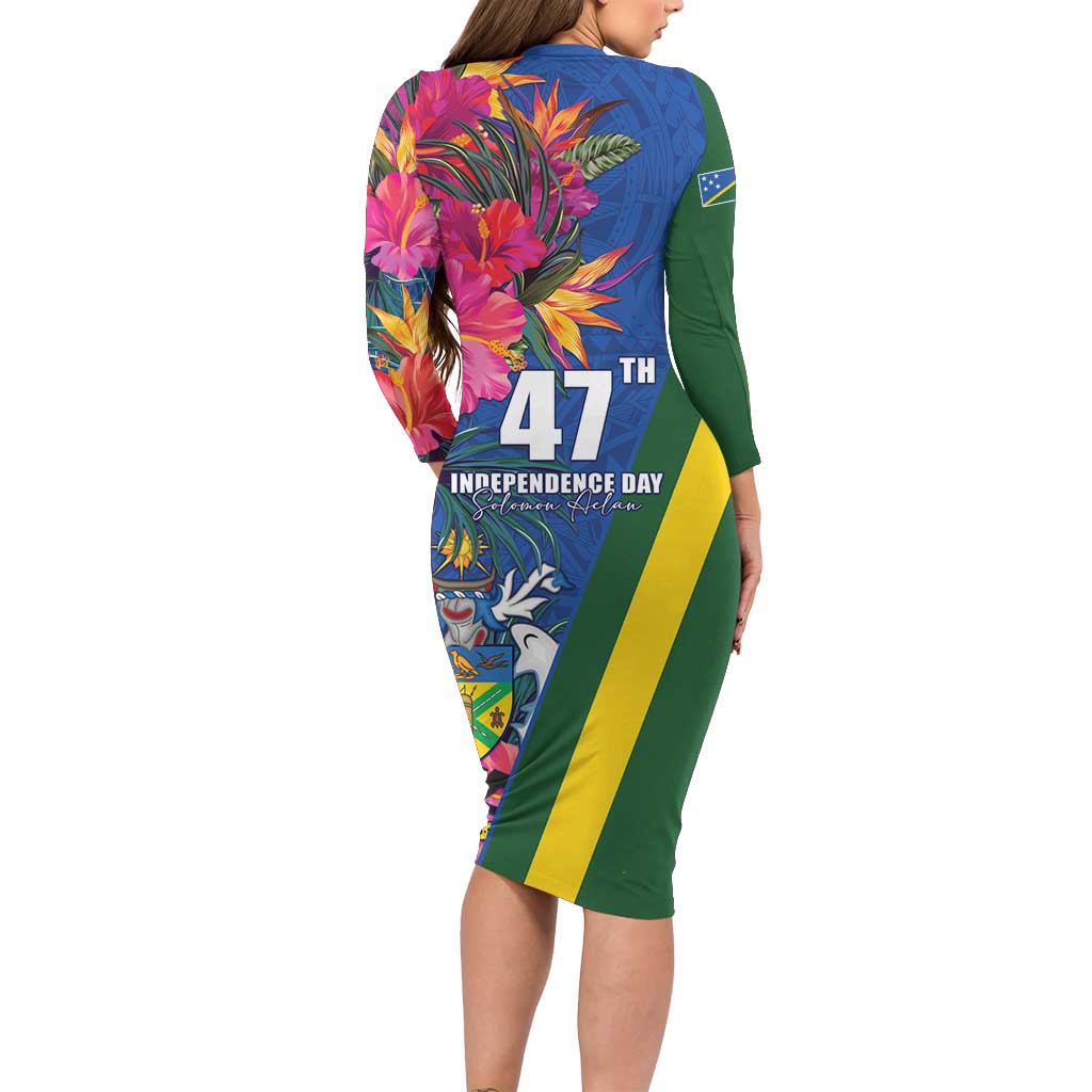 Solomon Islands Independence Day Long Sleeve Bodycon Dress Coat Of Arms With Tropical Flowers LT05 - Polynesian Pride