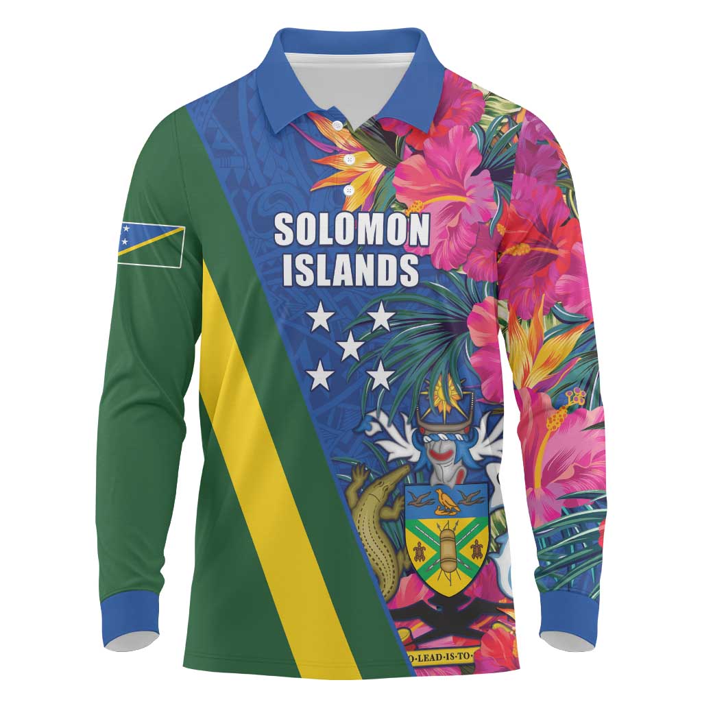 Solomon Islands Independence Day Long Sleeve Polo Shirt Coat Of Arms With Tropical Flowers LT05 Blue - Polynesian Pride