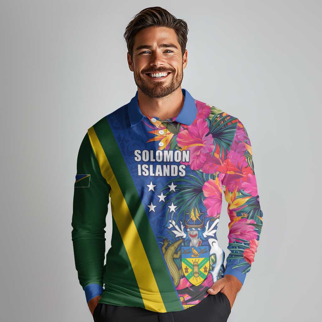 Solomon Islands Independence Day Long Sleeve Polo Shirt Coat Of Arms With Tropical Flowers LT05 - Polynesian Pride