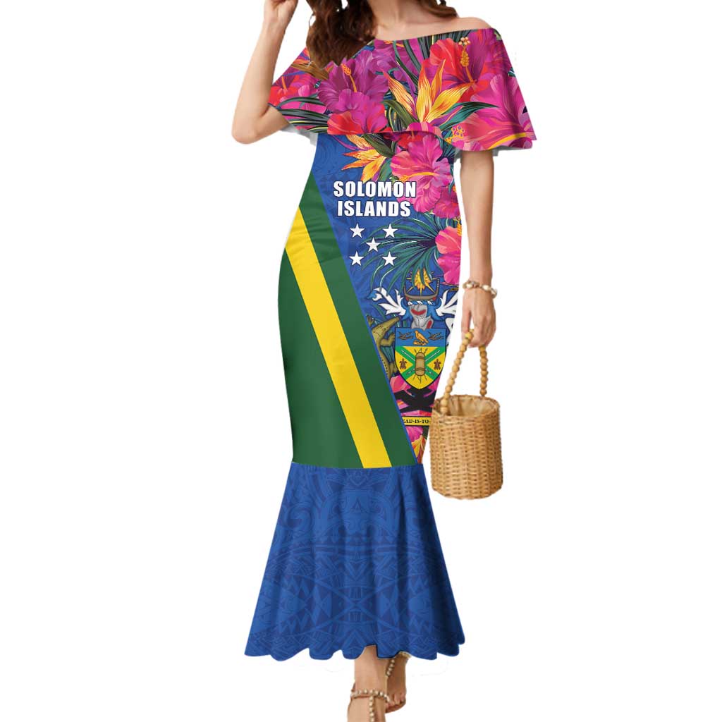 Solomon Islands Independence Day Mermaid Dress Coat Of Arms With Tropical Flowers LT05 Women Blue - Polynesian Pride