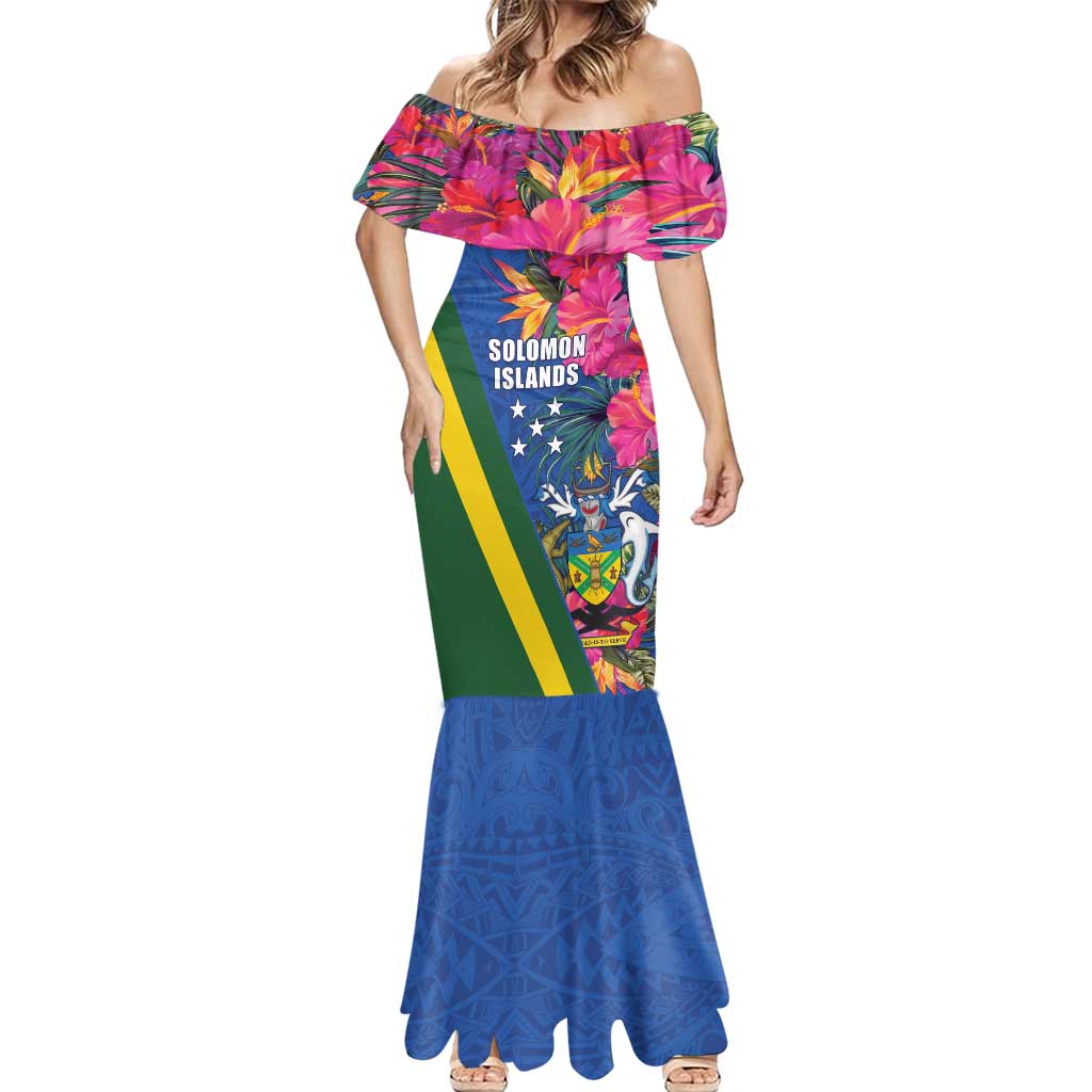 Solomon Islands Independence Day Mermaid Dress Coat Of Arms With Tropical Flowers LT05 - Polynesian Pride