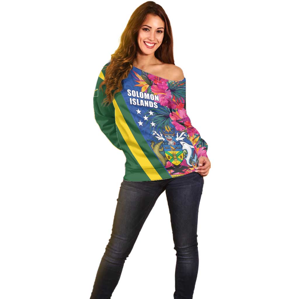 Solomon Islands Independence Day Off Shoulder Sweater Coat Of Arms With Tropical Flowers