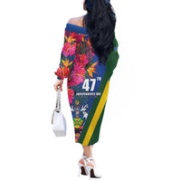 Solomon Islands Independence Day Off The Shoulder Long Sleeve Dress Coat Of Arms With Tropical Flowers LT05 - Polynesian Pride