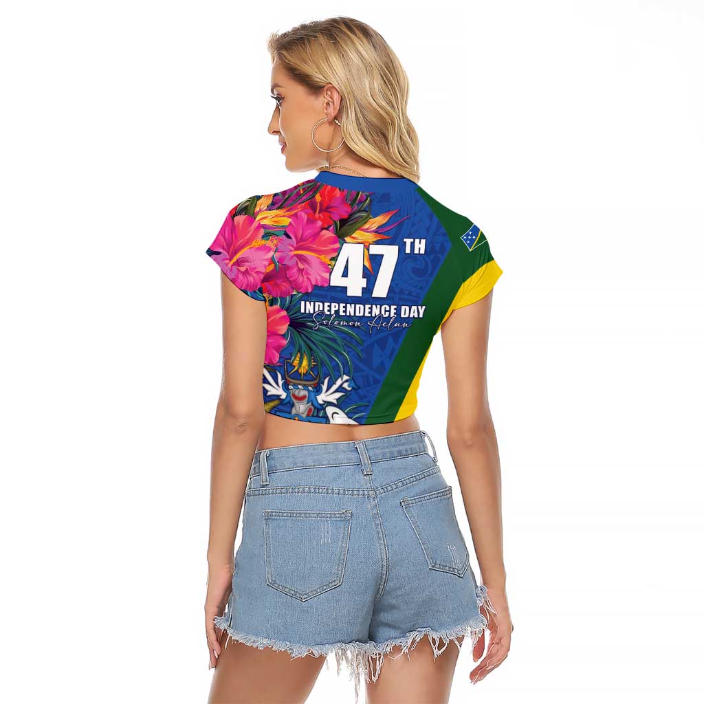 Solomon Islands Independence Day Raglan Cropped T Shirt Coat Of Arms With Tropical Flowers LT05 - Polynesian Pride