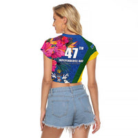 Solomon Islands Independence Day Raglan Cropped T Shirt Coat Of Arms With Tropical Flowers LT05 - Polynesian Pride