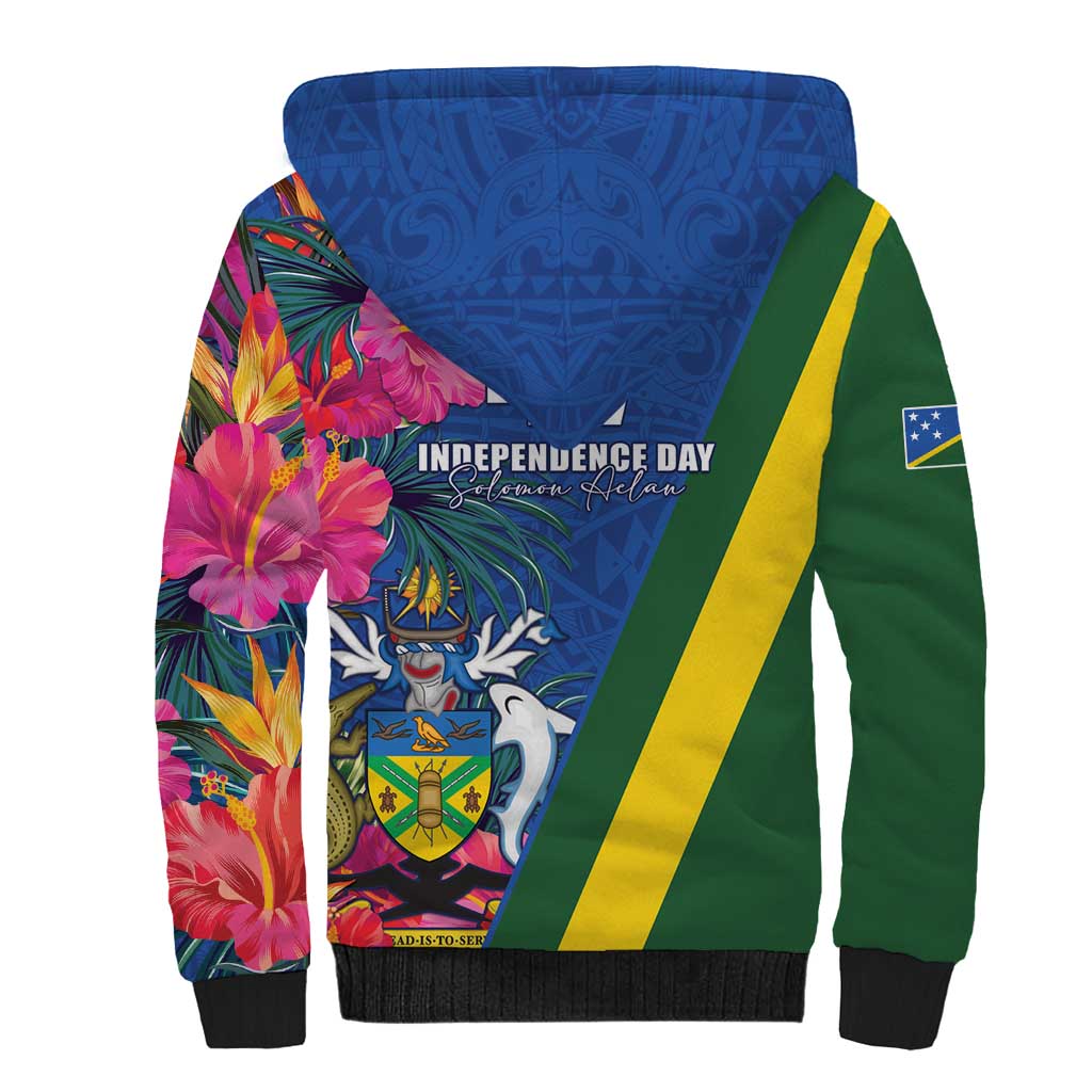 Solomon Islands Independence Day Sherpa Hoodie Coat Of Arms With Tropical Flowers LT05 - Polynesian Pride