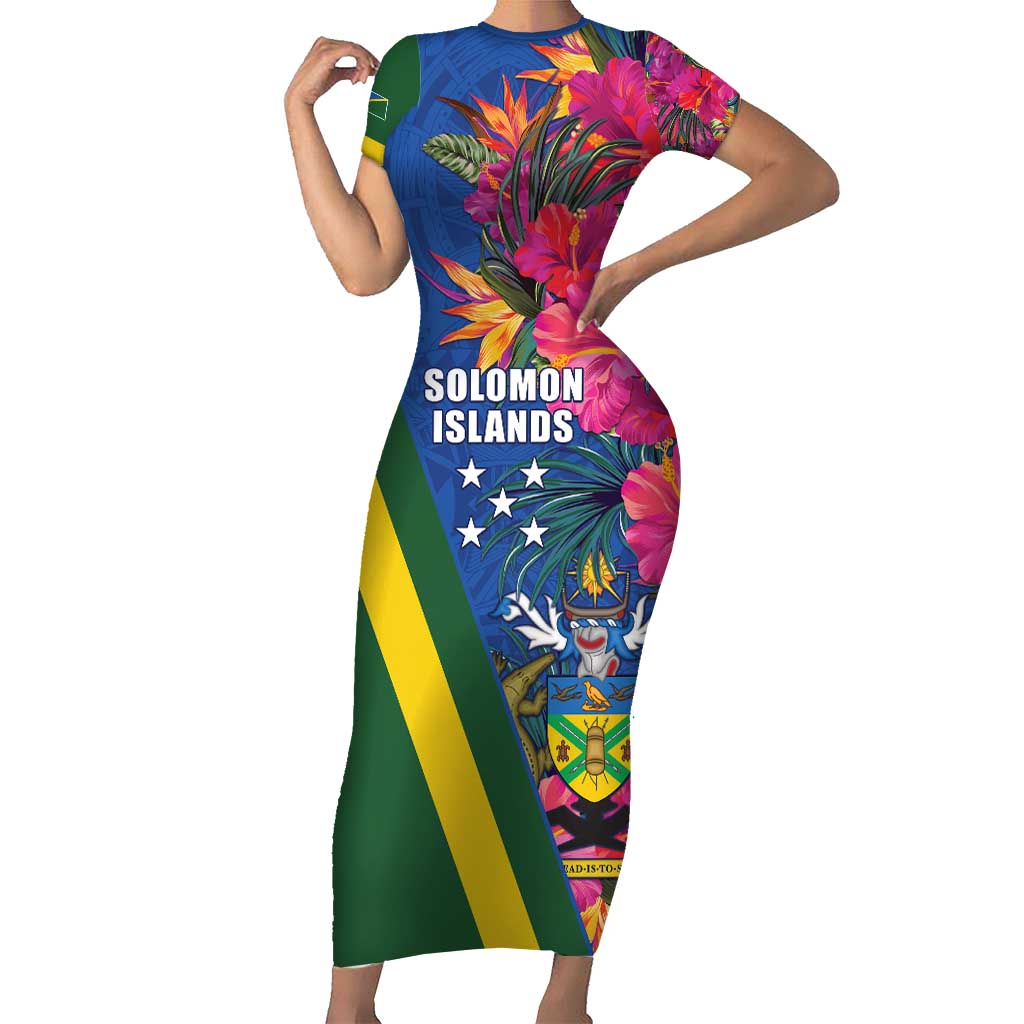Solomon Islands Independence Day Short Sleeve Bodycon Dress Coat Of Arms With Tropical Flowers LT05 Long Dress Blue - Polynesian Pride