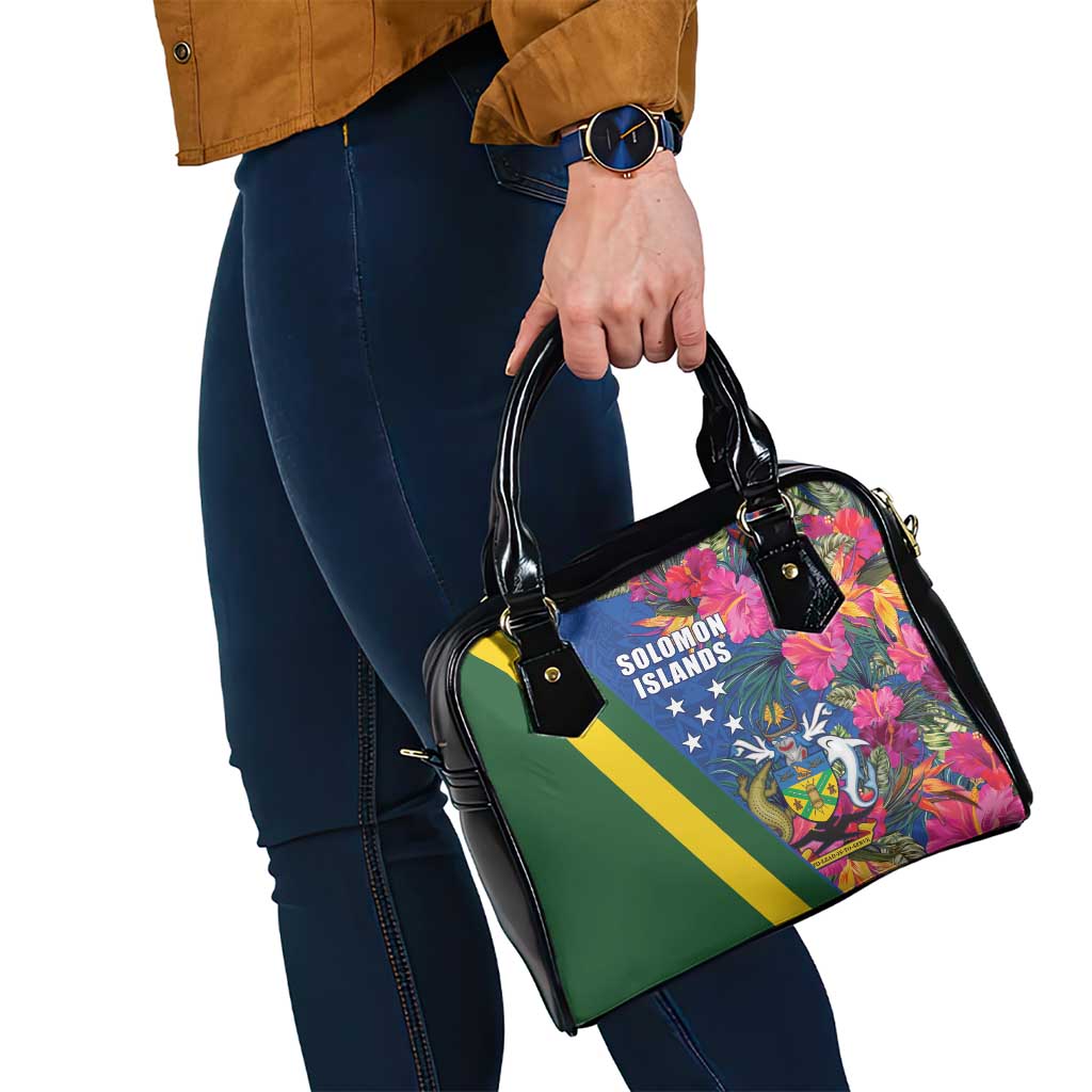 Solomon Islands Independence Day Shoulder Handbag Coat Of Arms With Tropical Flowers
