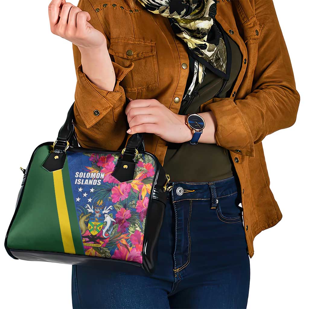Solomon Islands Independence Day Shoulder Handbag Coat Of Arms With Tropical Flowers