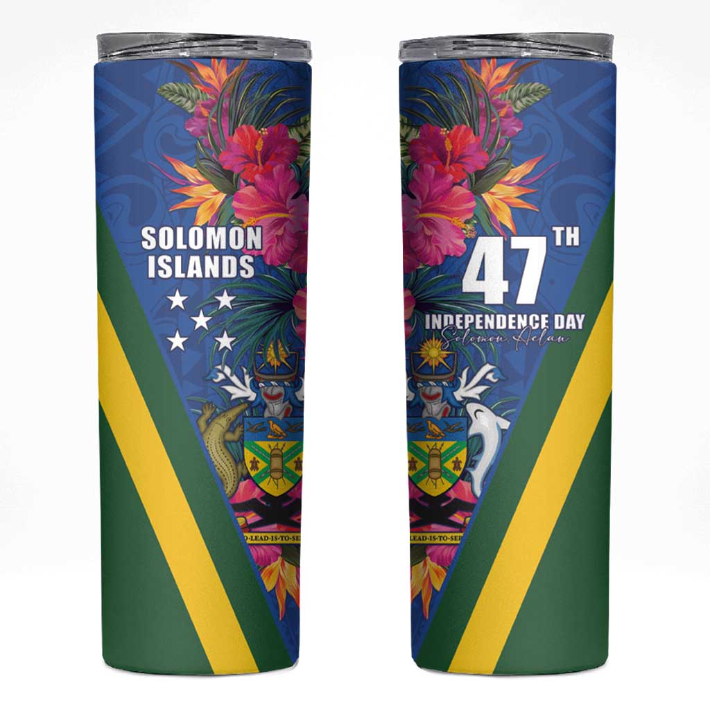 Solomon Islands Independence Day Skinny Tumbler Coat Of Arms With Tropical Flowers LT05 Blue - Polynesian Pride